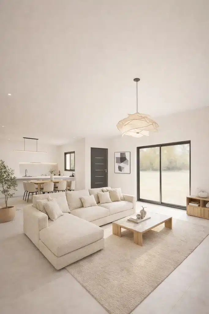 Intérieur maison 90m² à Toulouse – Pièce de vie moderne par CELIA Création Intérieur d’une maison plain-pied de 90m² réalisée par CELIA Création avec grande pièce de vie lumineuse, cuisine ouverte et larges baies vitrées, style moderne et chaleureux.