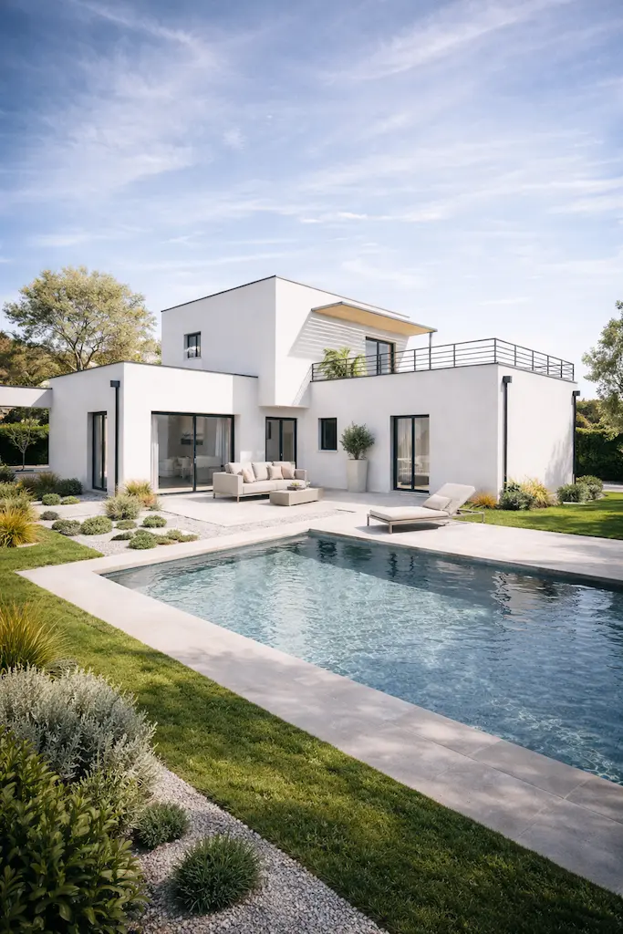 Maison contemporaine à étage avec piscine dans le Tarn réalisée par CELIA Création, constructeur de maison individuelle sur-mesure