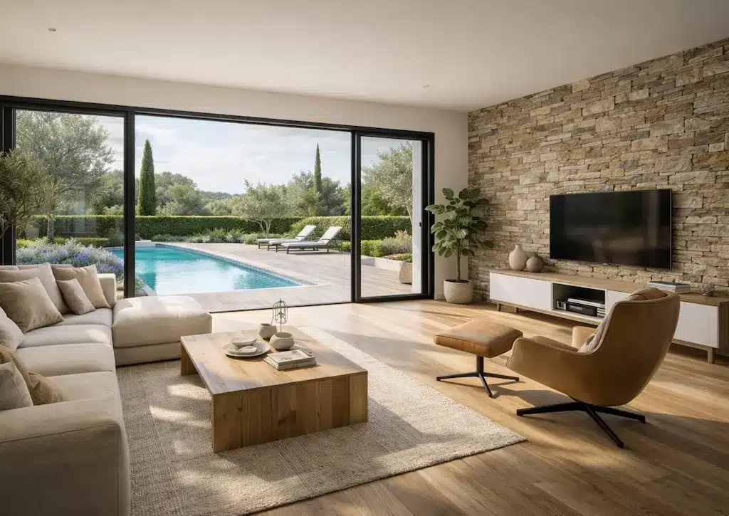 Séjour lumineux d’une maison contemporaine de plain-pied avec piscine, réalisée sur-mesure par CELIA Création en région toulousaine