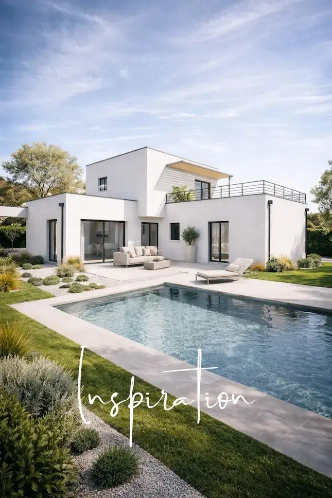 Maison contemporaine à toit plat avec piscine et grande terrasse réalisée par CELIA Création, constructeur de maison individuelle dans la région toulousaine