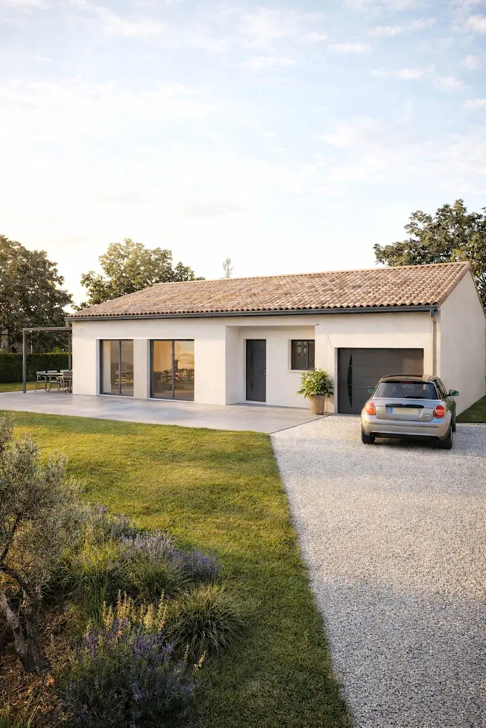 Maison plain-pied 90m² avec garage à Toulouse – Vue arrière par CELIA Création Vue opposée d’une maison plain-pied de 90m² avec garage et toit tuiles réalisée par CELIA Création, constructeur de maison individuelle moderne en région toulousaine.