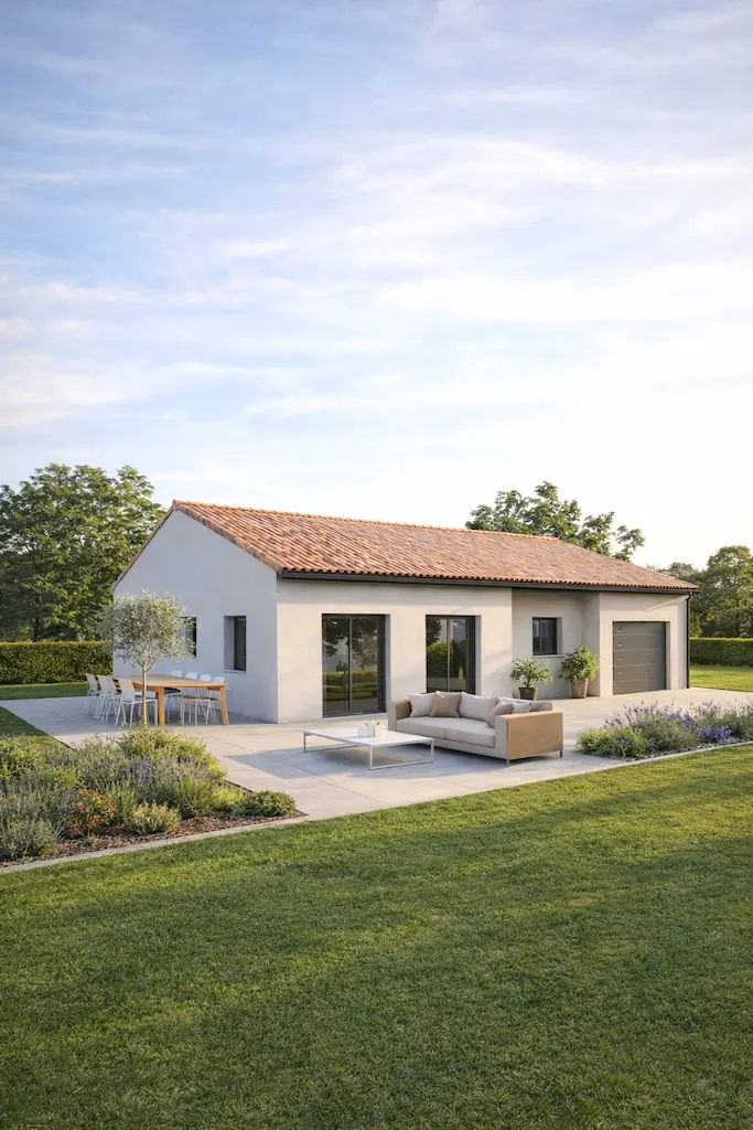 Maison plain-pied de 90m² avec toit tuiles et garage réalisée par CELIA Création, modèle de maison individuelle moderne et fonctionnelle en région toulousaine.