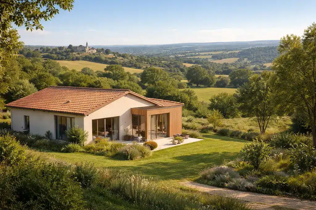 Maison plain-pied contemporaine avec toiture tuiles et larges baies vitrées, construction neuve sur-mesure réalisée par CELIA Création, constructeur de maison individuelle dans le Tarn.