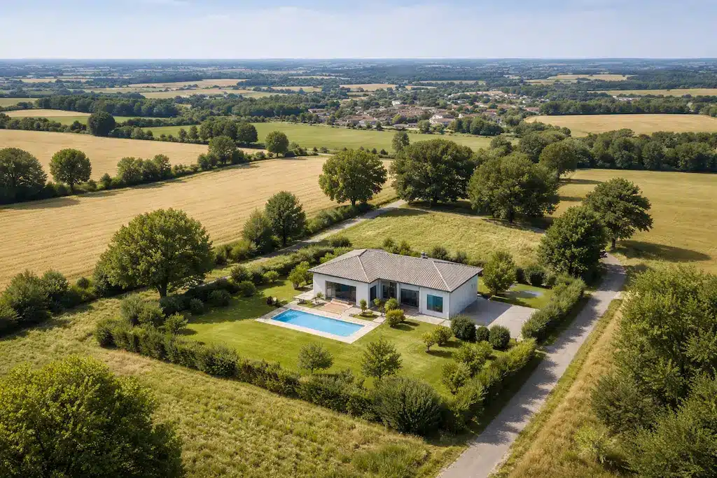 Maison plain-pied moderne avec piscine construite par CELIA Création dans le Gers, intégrée dans un environnement rural du sud-ouest.