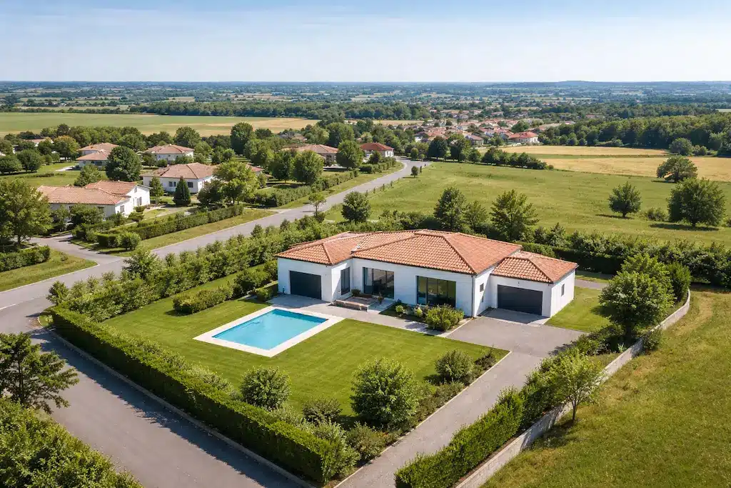 Maison plain-pied moderne avec piscine et garage, construction neuve réalisée par CELIA Création, constructeur de maison individuelle sur-mesure à Muret, en Haute-Garonne.