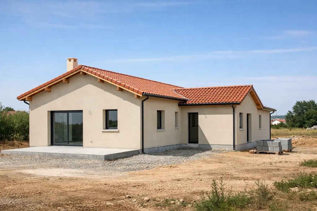 Maison plain-pied traditionnelle contemporaine avec toit en tuiles, construction neuve réalisée par CELIA Création dans la région toulousaine, idéale pour un projet de maison sur-mesure.