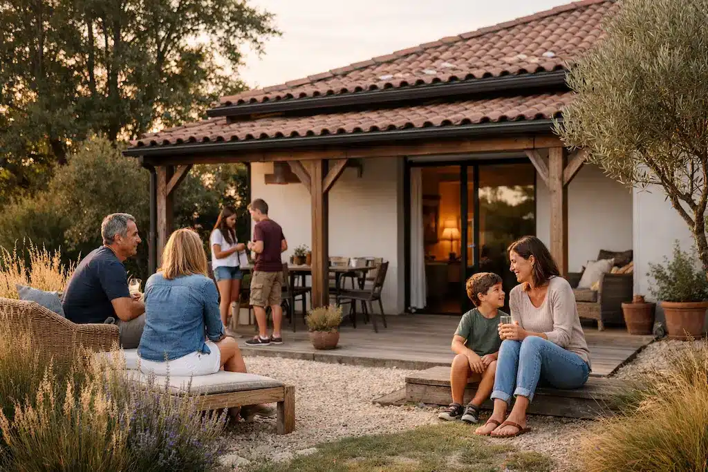 Maison familiale traditionnelle de plain-pied avec terrasse et toit tuiles, construite par CELIA Création dans le sud-ouest, offrant une qualité de vie conviviale et naturelle