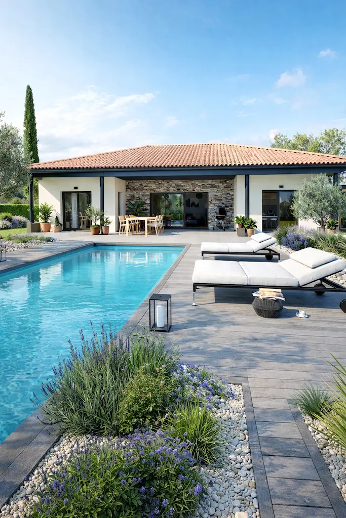 Maison contemporaine de plain-pied avec piscine et terrasse en bois, construction neuve sur-mesure réalisée par CELIA Création en région toulousaine