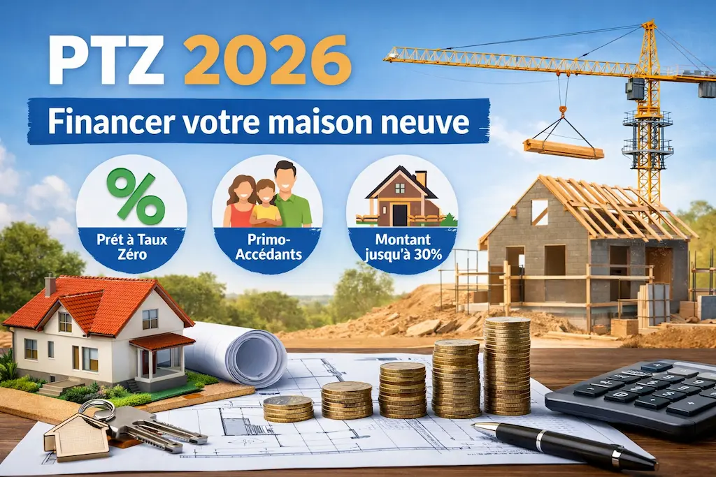 Visuel PTZ 2026 avec chantier, piles de pièces, calculatrice et plan