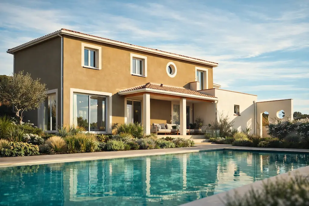 Maison à étage avec piscine au style provençal moderne réalisée par CELIA Création, constructeur de maison individuelle dans le sud-ouest.