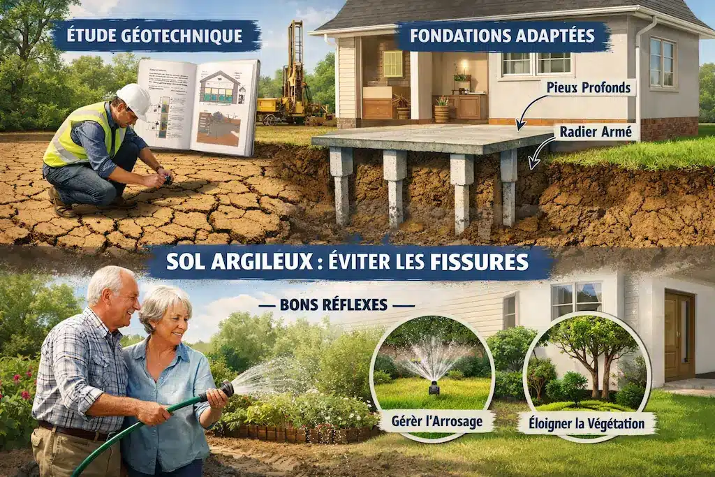 Infographie sur sol argileux, fondations sur pieux, arrosage et végétation