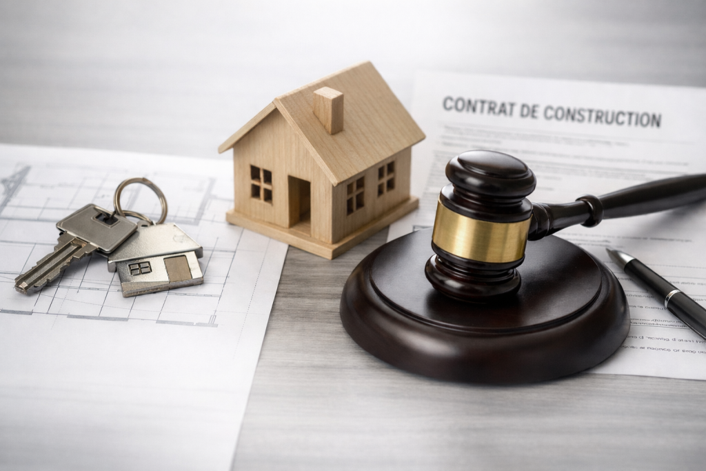 Maillet de juge, maquette de maison et clés sur contrat de construction.
