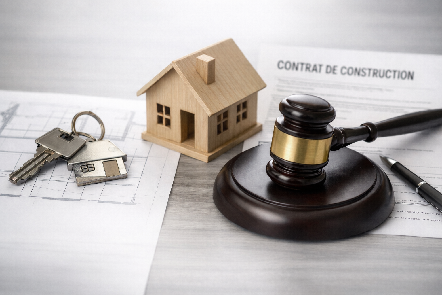 Maillet de juge, maquette de maison et clés sur contrat de construction.