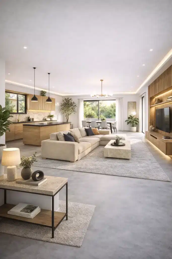 Intérieur maison contemporaine avec séjour et cuisine ouverte à Castelmaurou | CELIA Création Intérieur lumineux d’une maison contemporaine avec salon et cuisine ouverte, maison sur-mesure réalisée par CELIA Création à Castelmaurou dans la région toulousaine.