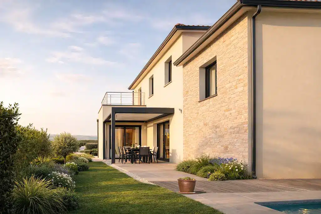 Maison contemporaine à étage avec terrasse couverte et piscine réalisée par CELIA Création à Senouillac dans le Tarn, avec façade claire et parement pierre.