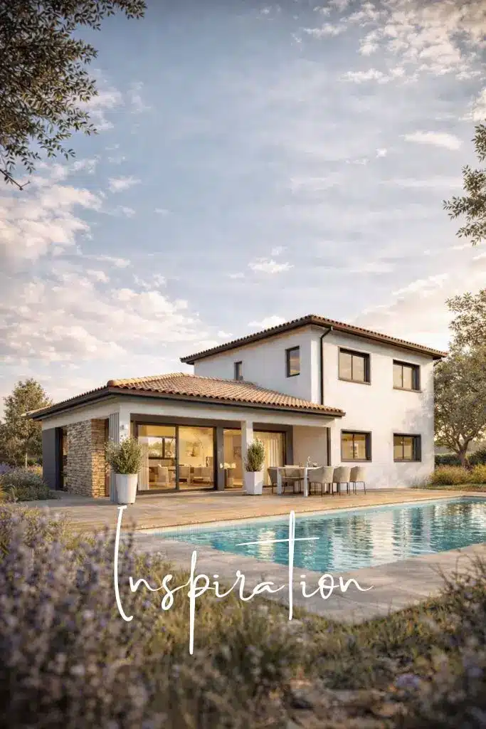 Maison à étage de 120 m² avec piscine, au style contemporain et toit tuiles, réalisée par CELIA Création dans le sud-ouest.