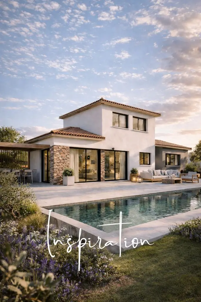 Maison contemporaine à étage de 150m² avec piscine réalisée par CELIA Création dans la région toulousaine, avec grandes baies vitrées et terrasse aménagée