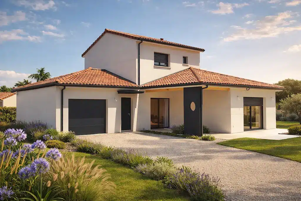 Maison à étage contemporaine avec garage et toiture en tuiles réalisée par CELIA Création dans la région toulousaine, avec façade claire et grandes baies vitrées.