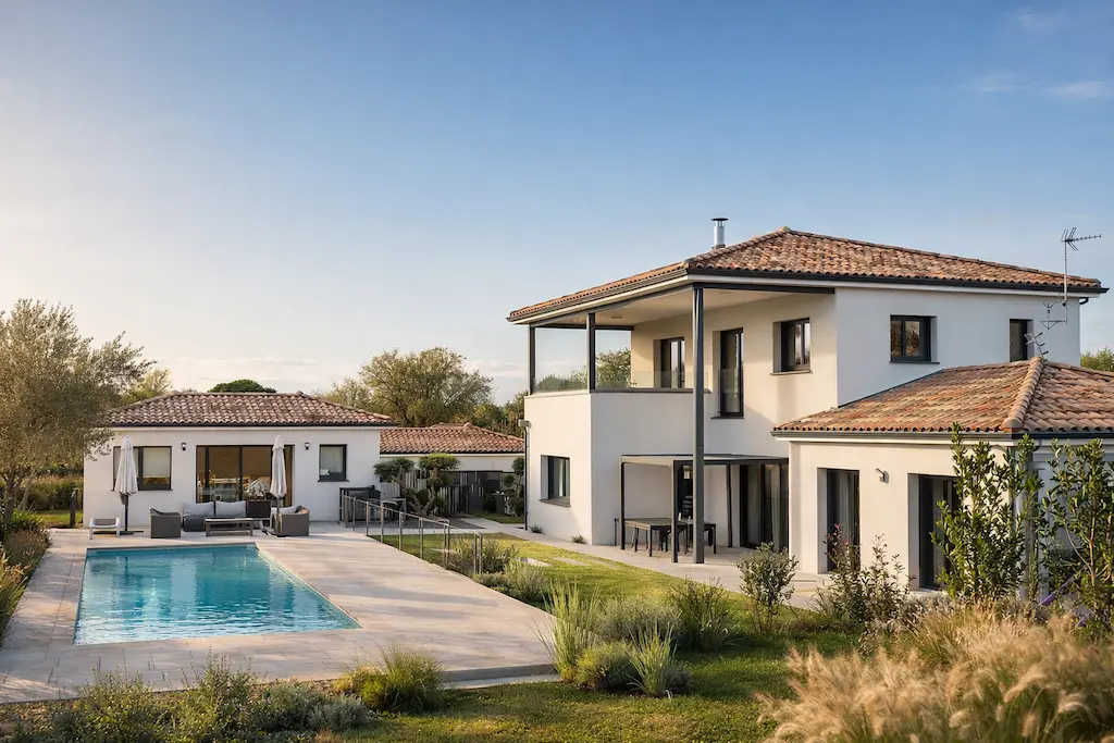 Maison contemporaine à étage de 170 m² avec piscine, réalisée par CELIA Création à Gragnague, avec toiture tuiles et lignes élégantes dans un environnement résidentiel verdoyant.