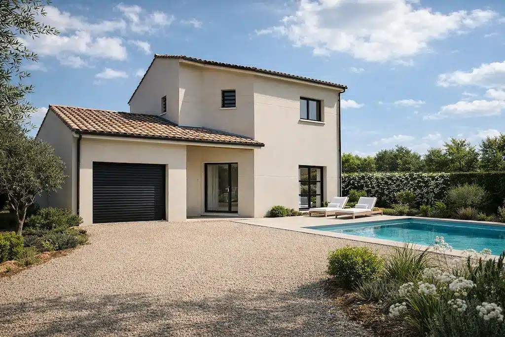 Maison contemporaine à étage avec garage et piscine réalisée par CELIA Création dans le sud-ouest