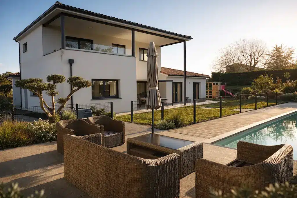 Terrasse avec salon extérieur et piscine devant une maison contemporaine à étage réalisée par CELIA Création à Gragnague, avec toiture tuiles et architecture moderne.