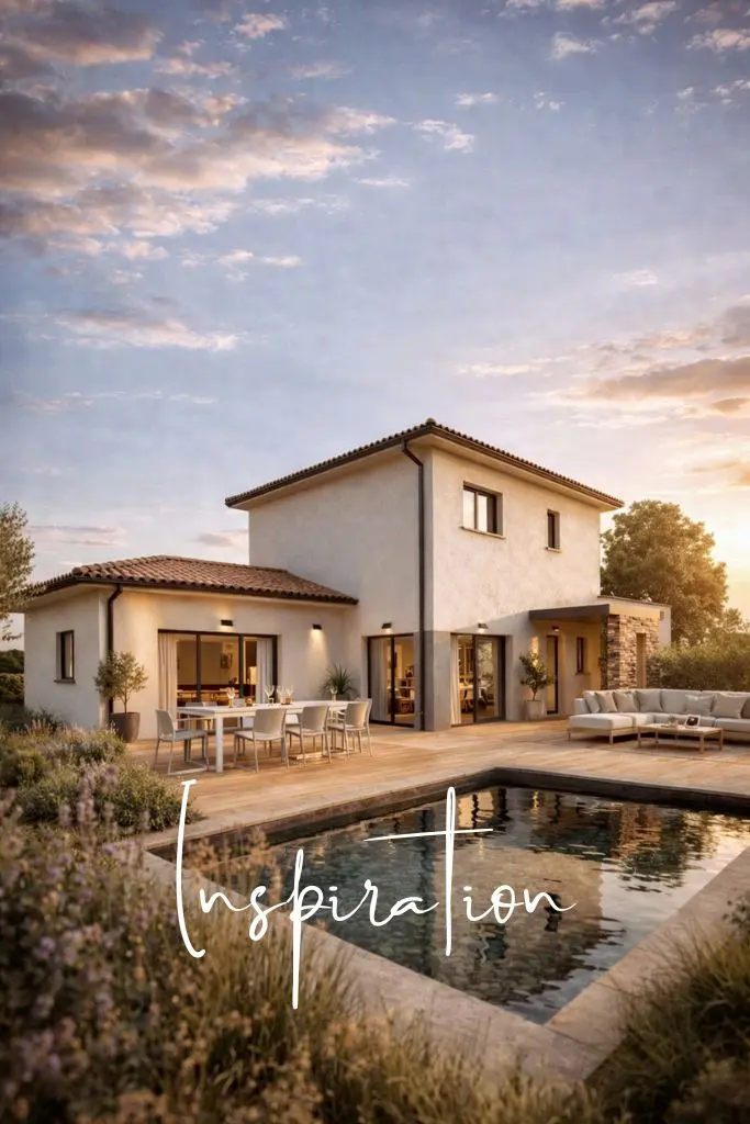 Maison moderne à étage avec piscine et grande terrasse réalisée par CELIA Création, constructeur de maison individuelle sur-mesure dans la région toulousaine.