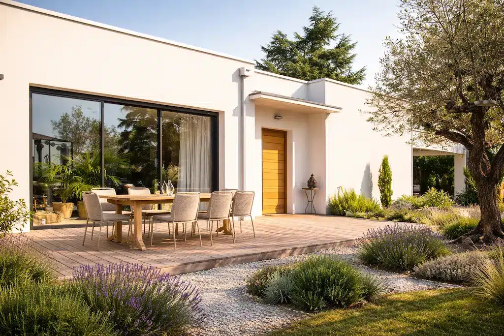 Maison moderne de plain-pied avec terrasse bois et grandes baies vitrées réalisée par CELIA Création à Albi, maison sur-mesure ouverte sur le jardin.