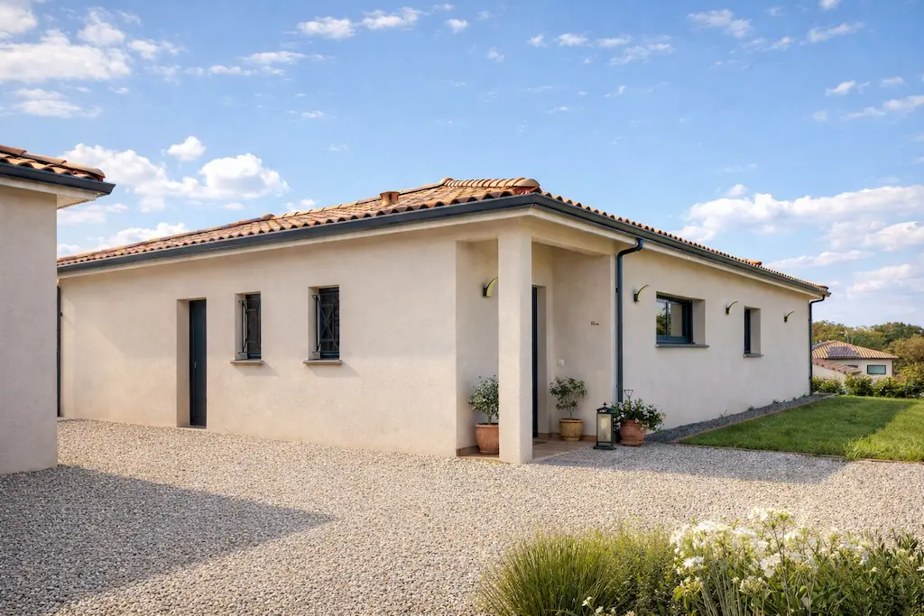 Entrée et façade latérale d’une maison moderne de plain-pied réalisée par CELIA Création à Lapeyrouse-Fossat en Haute-Garonne