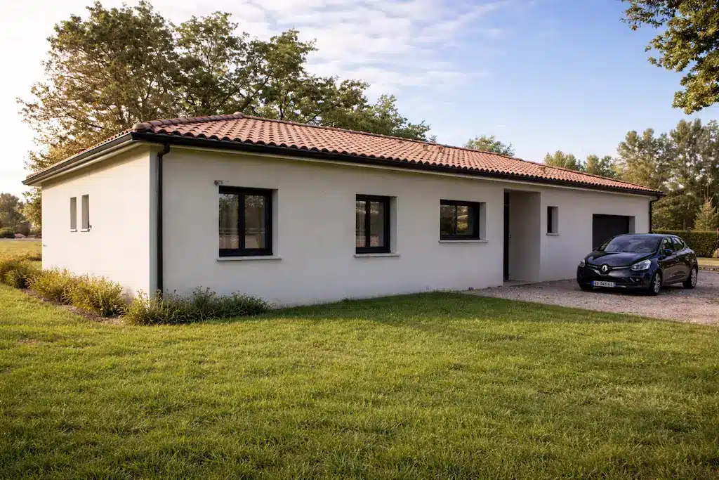 Maison individuelle de plain-pied de 125 m² avec garage et toit en tuiles réalisée par CELIA Création à Albi dans le Tarn