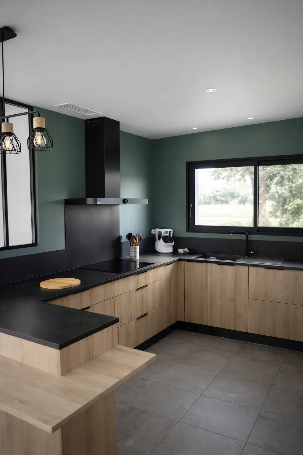 Cuisine moderne avec meubles bois et plan de travail noir dans une maison individuelle réalisée par CELIA Création à Albi dans le Tarn