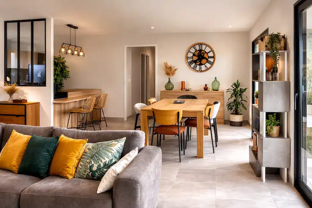 Intérieur lumineux avec salon et salle à manger d’une maison individuelle de plain-pied réalisée par CELIA Création à Albi dans le Tarn