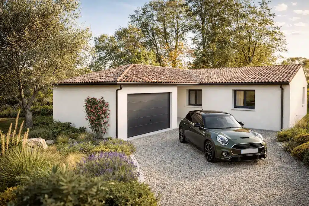Maison avec garage à Lasserre – Construction sur-mesure CELIA Création Maison individuelle de plain-pied avec garage et toit tuiles à Lasserre, réalisée par CELIA Création dans un style traditionnel moderne