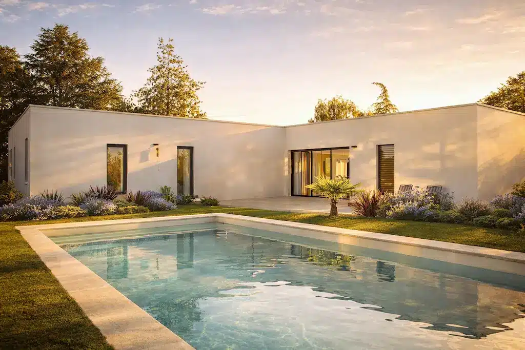 Maison moderne de plain-pied avec piscine réalisée par CELIA Création à Albi, maison sur-mesure avec grandes baies vitrées et jardin paysager.