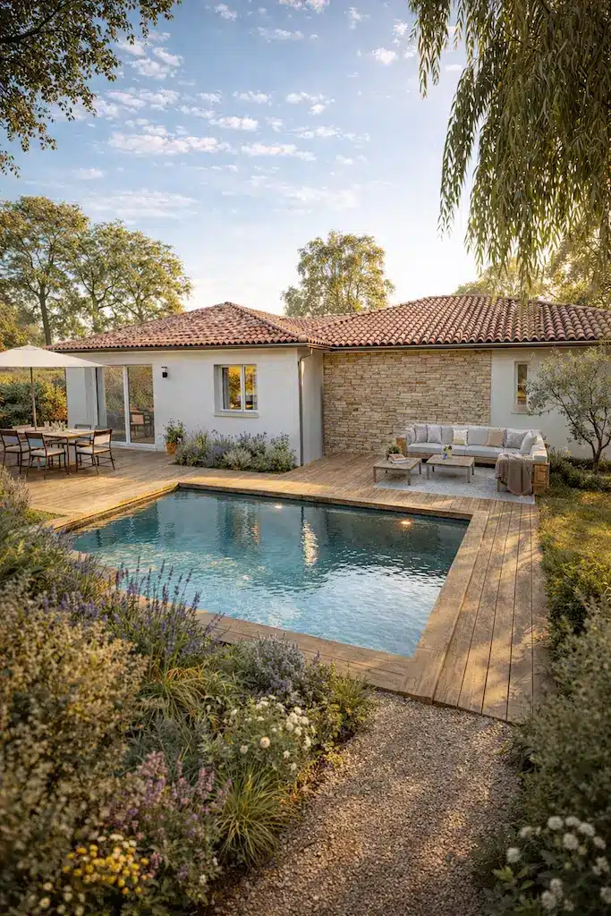 Maison moderne de plain-pied avec piscine et terrasse bois à Lasserre, réalisée par CELIA Création dans un style contemporain