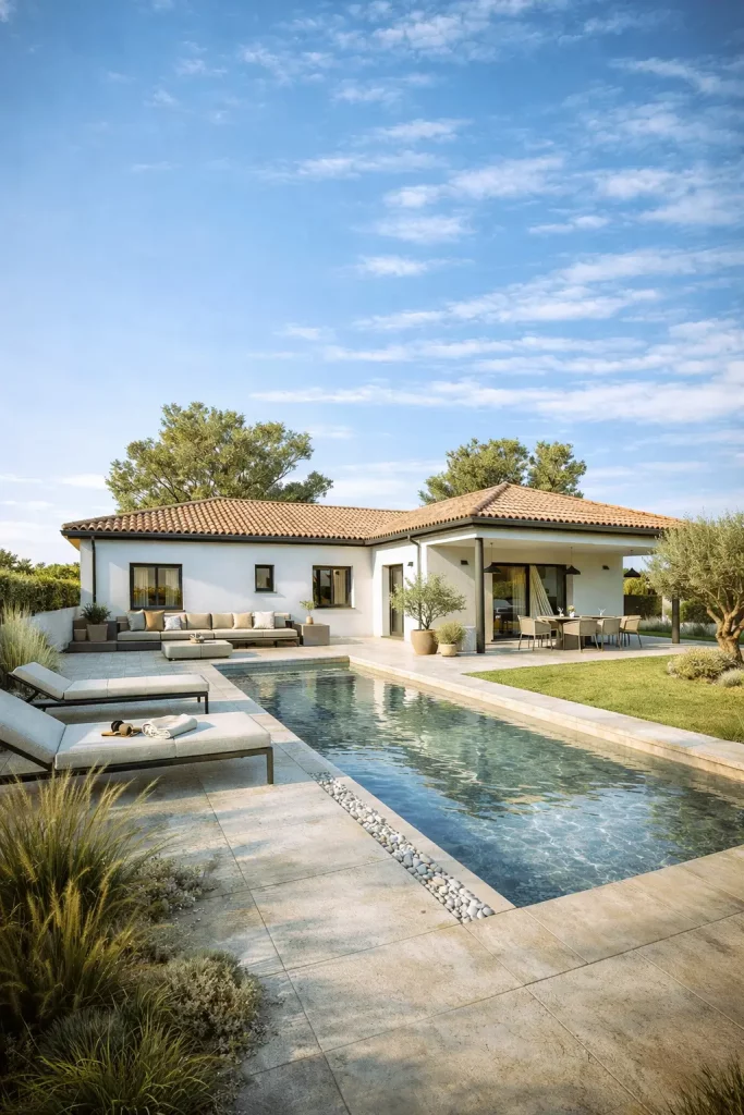 Maison contemporaine plain-pied de 120 m² avec piscine et terrasse couverte à Castelmaurou, réalisation CELIA Création au style moderne dans la région toulousaine.