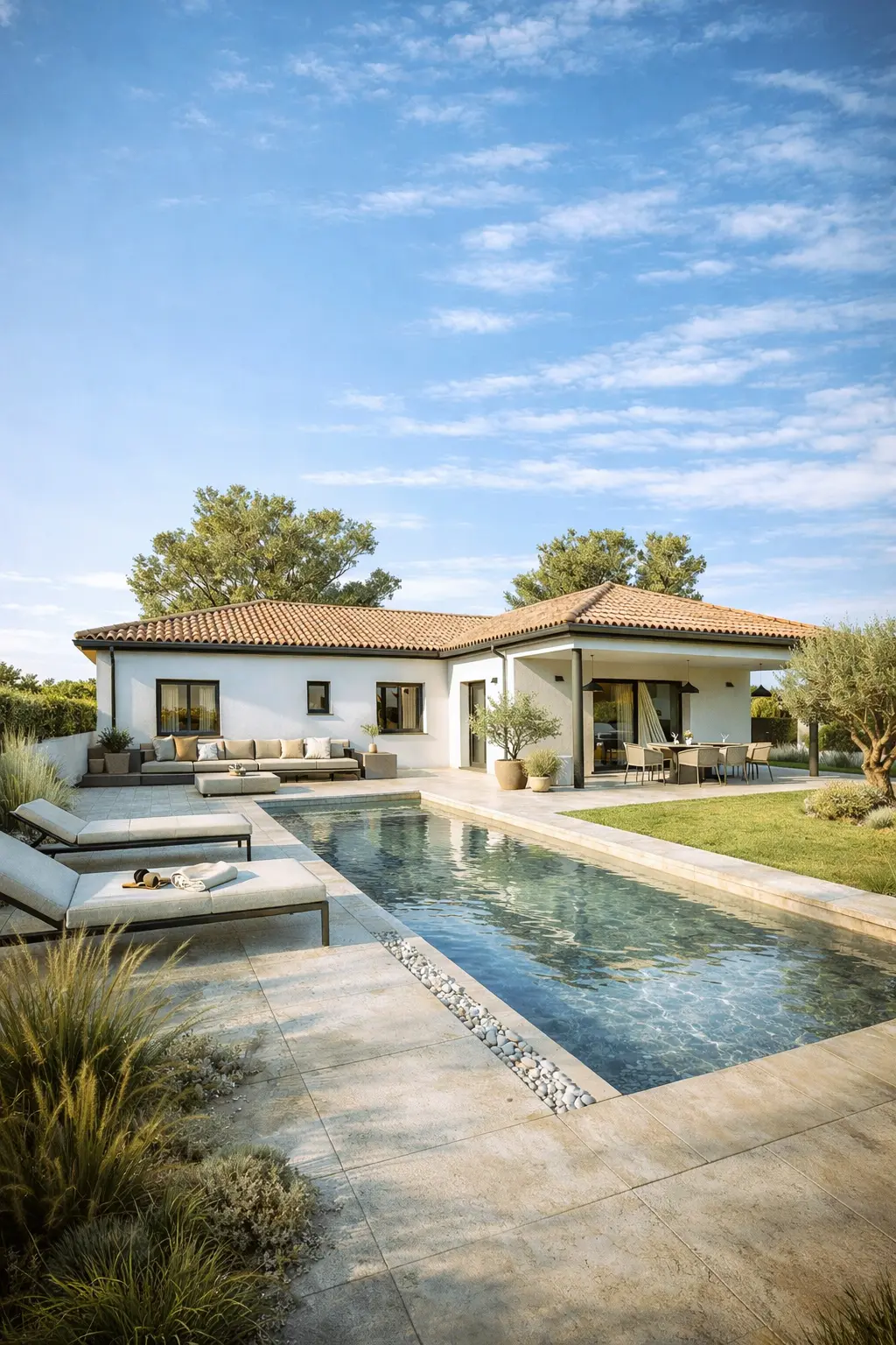 Maison contemporaine plain-pied de 120 m² avec piscine et terrasse couverte à Castelmaurou, réalisation CELIA Création au style moderne dans la région toulousaine.