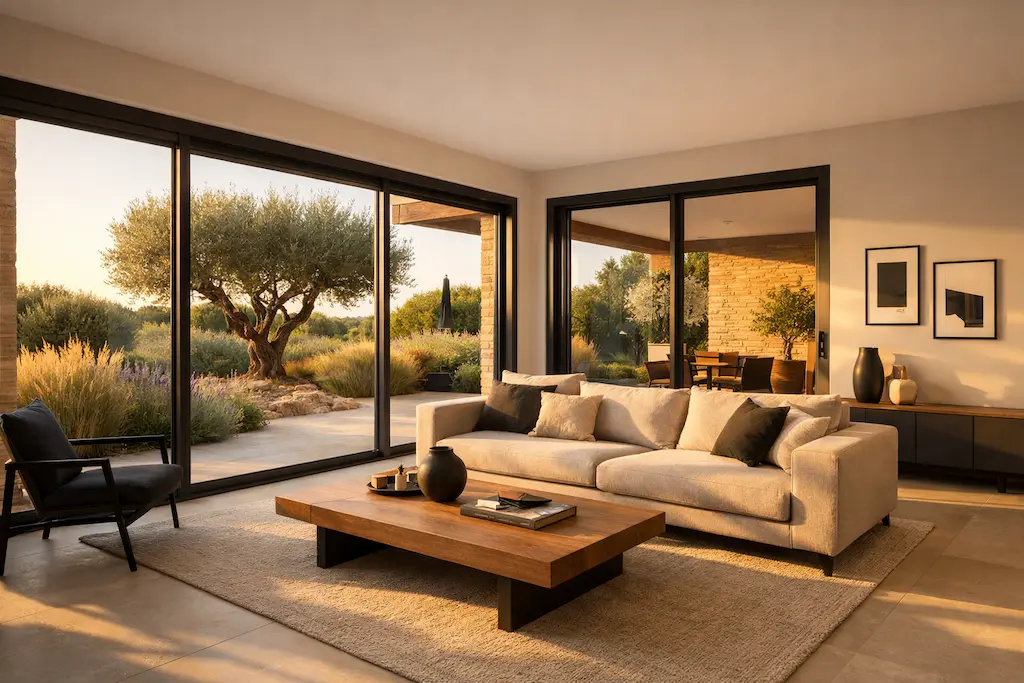 Salon moderne avec canapé beige, table basse et grandes baies vitrées